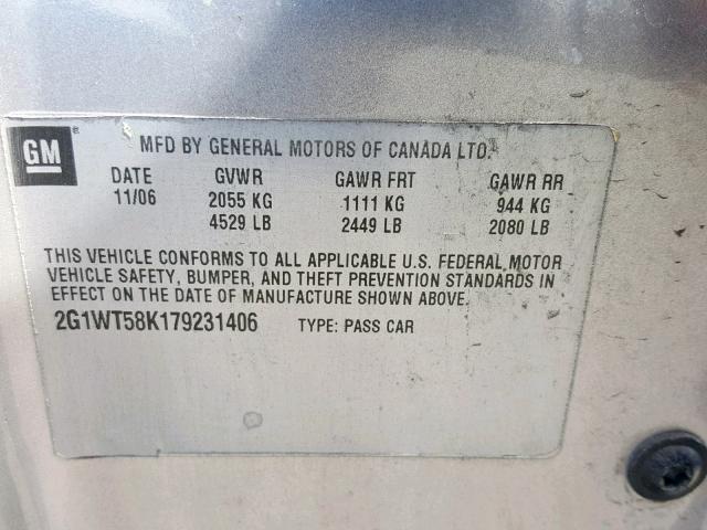 2G1WU58R179179267 - 2007 CHEVROLET IMPALA LTZ SILVER photo 10