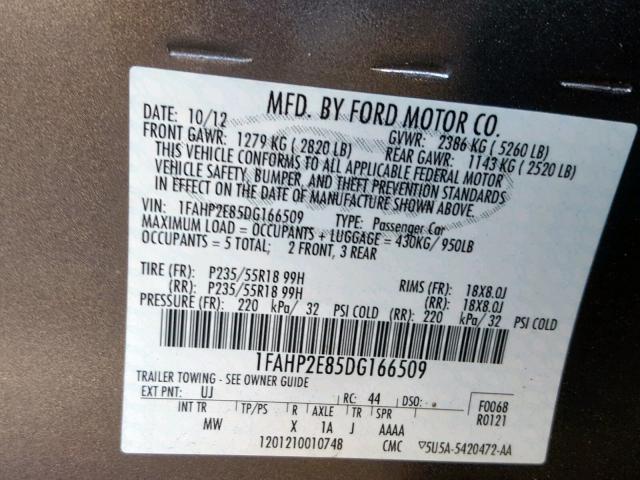 1FAHP2E85DG166509 - 2013 FORD TAURUS SEL GRAY photo 10