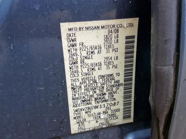 5N1BV28U78N117047 - 2008 NISSAN QUEST S SILVER photo 10