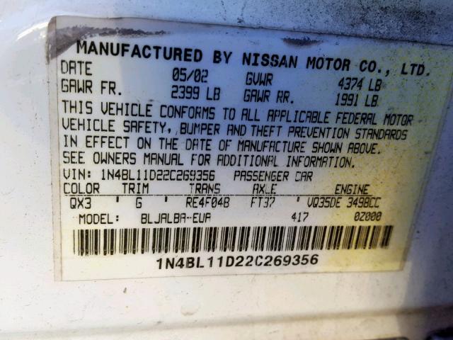 1N4BL11D22C269356 - 2002 NISSAN ALTIMA SE WHITE photo 10