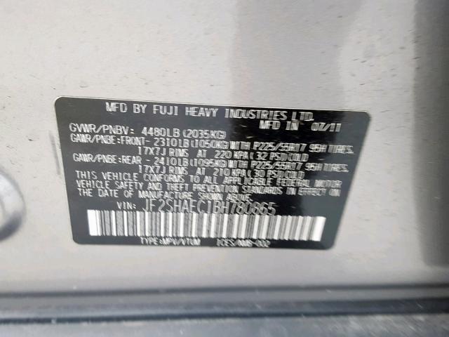 JF2SHAEC1BH780865 - 2011 SUBARU FORESTER L GRAY photo 10