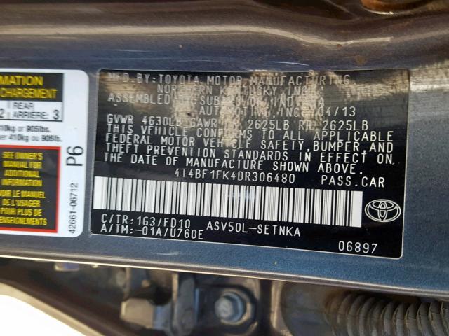 4T4BF1FK4DR306480 - 2013 TOYOTA CAMRY L 灰色 照片 10