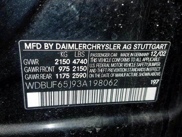 WDBUF65J93A198062 - 2003 MERCEDES-BENZ E 320 BLACK photo 10