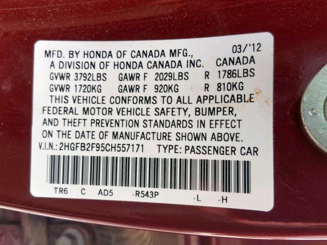 2HGFB2F95CH557171 - 2012 HONDA CIVIC EXL BURGUNDY photo 10