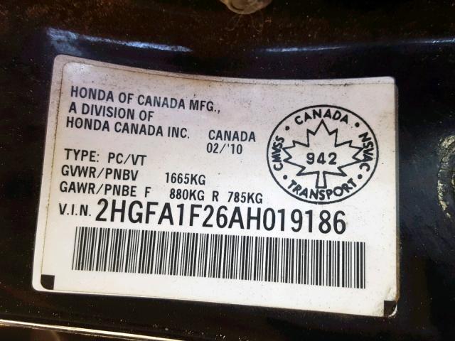 2HGFA1F26AH019186 - 2010 HONDA CIVIC DX BLACK photo 10