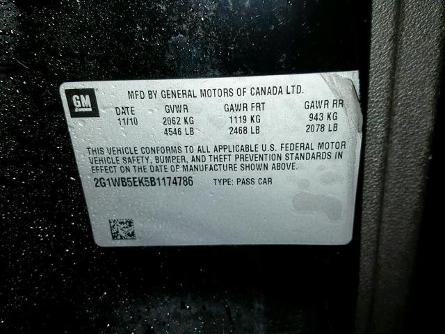 2G1WB5EK5B1174786 - 2011 CHEVROLET IMPALA LT შავი ფოტო 10