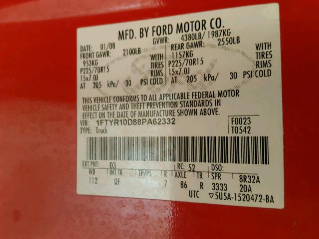 1FTYR10D88PA62332 - 2008 FORD RANGER RED photo 10