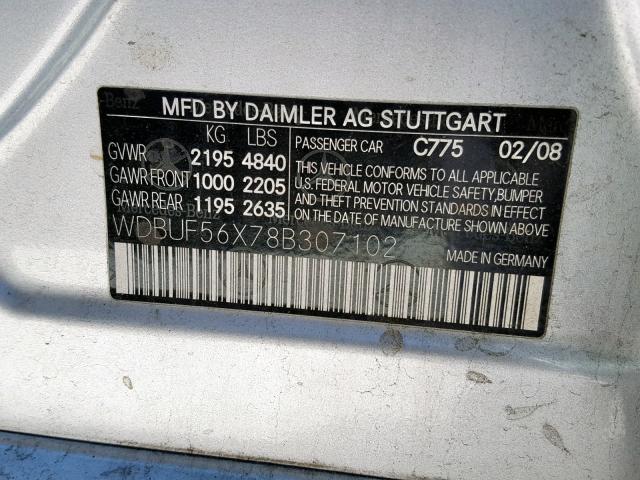 WDBUF56X78B307102 - 2008 MERCEDES-BENZ E 350 SILVER photo 10