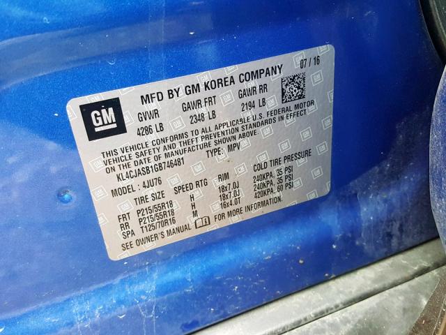 KL4CJASB1GB746481 - 2016 BUICK ENCORE BLUE photo 10