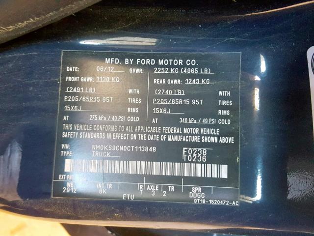 NM0KS9CN0CT113848 - 2012 FORD TRANSIT CO BLUE photo 10