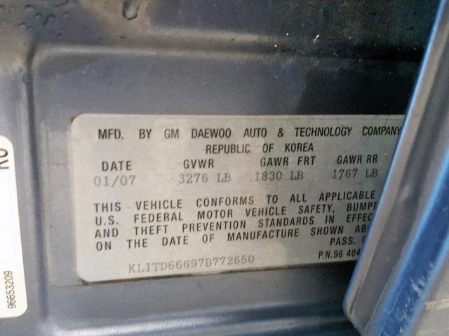 KL1TD66697B772650 - 2007 CHEVROLET AVEO BASE Көк фото 10