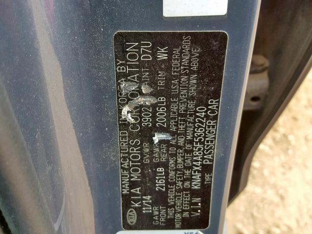 KNAFX4A85F5362240 - 2015 KIA FORTE EX BLUE photo 10