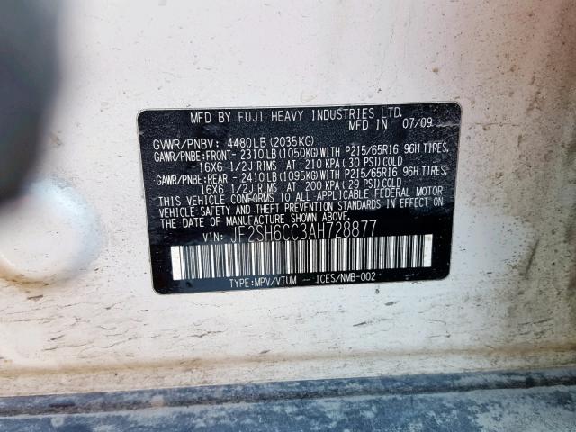 JF2SH6CC3AH728877 - 2010 SUBARU FORESTER 2 WHITE photo 10