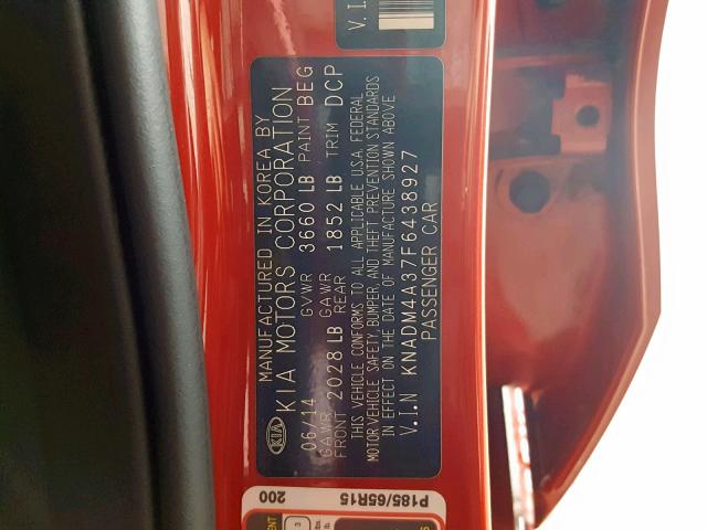 KNADM4A37F6438927 - 2015 KIA RIO LX RED photo 10