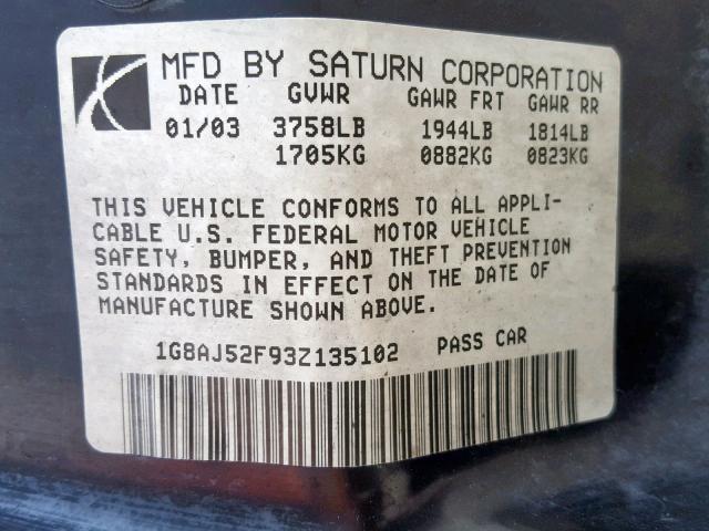 1G8AJ52F93Z135102 - 2003 SATURN ION LEVEL GOLD photo 10