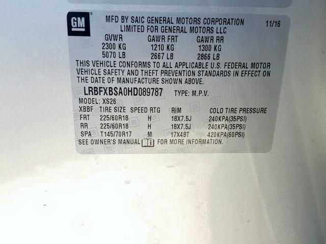 LRBFXBSA0HD089787 - 2017 BUICK ENVISION E SILVER photo 10