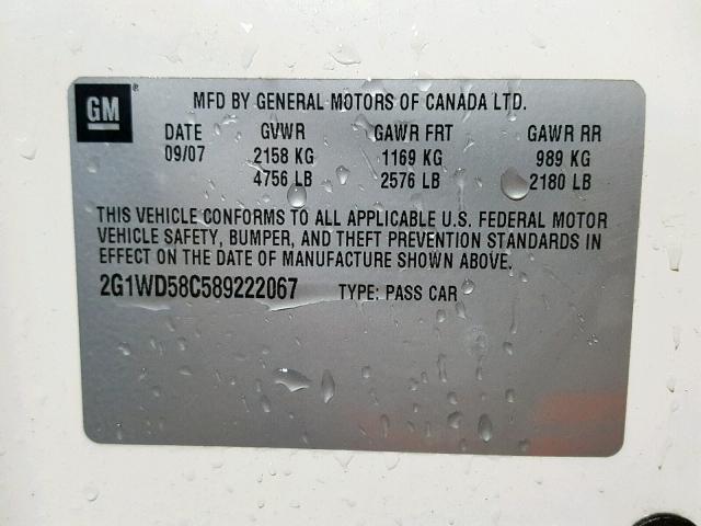 2G1WD58C589222067 - 2008 CHEVROLET IMPALA SUP 白色 照片 10