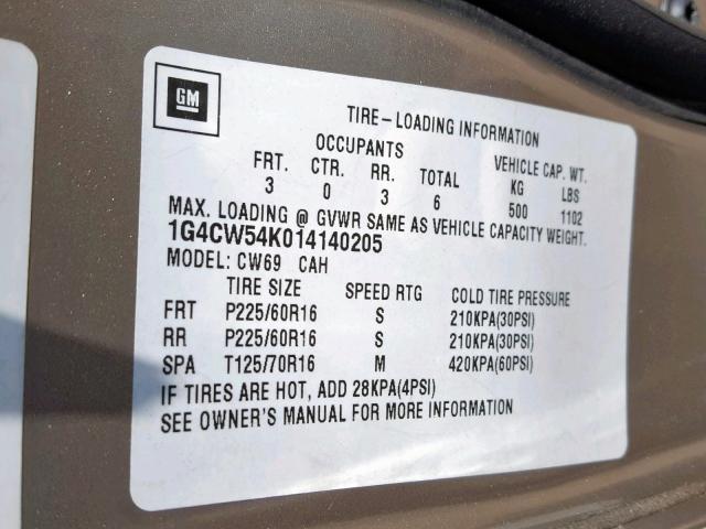 1G4CW54K014140205 - 2001 BUICK PARK AVENU BEIGE photo 10