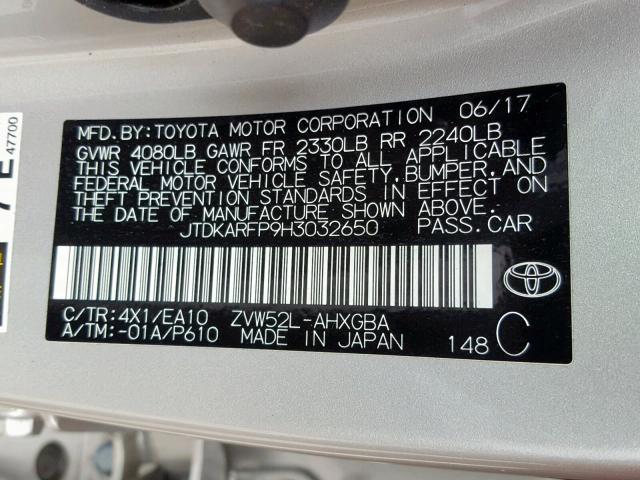 JTDKARFP9H3032650 - 2017 TOYOTA PRIUS PRIM 棕色 照片 10