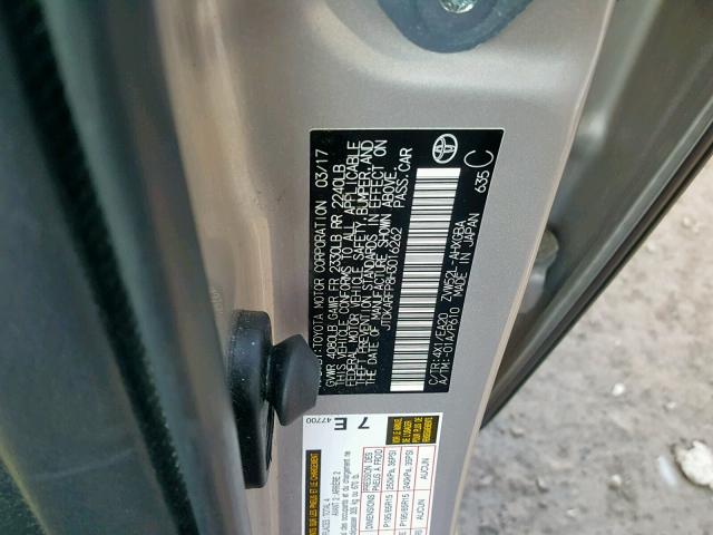 JTDKARFP8H3016262 - 2017 TOYOTA PRIUS PRIM ვერცხლისფერი ფოტო 10