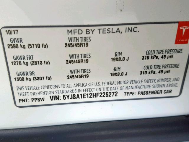 5YJSA1E12HF225272 - 2017 TESLA MODEL S WHITE photo 10