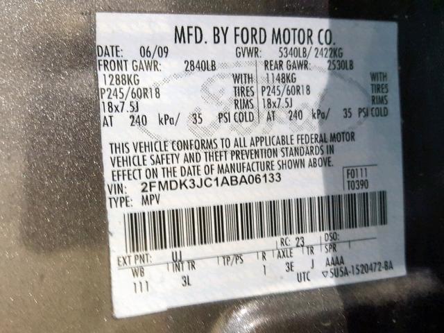 2FMDK3JC1ABA06133 - 2010 FORD EDGE SEL GRAY photo 10