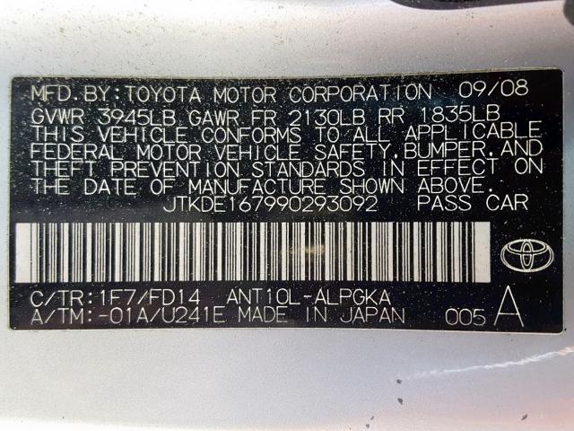 JTKDE167990293092 - 2009 TOYOTA SCION TC ნაცრისფერი ფოტო 10