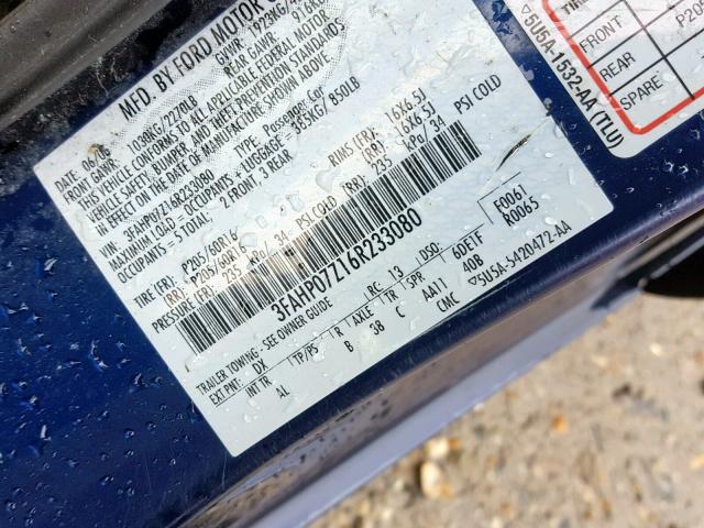 3FAHP07Z16R233080 - 2006 FORD FUSION SE BLUE photo 10