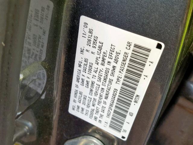 1HGCP2F86AA048259 - 2010 HONDA ACCORD EXL GRAY photo 10