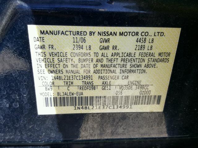 1N4BL21E37C134991 - 2007 NISSAN ALTIMA 3.5 BLUE photo 10