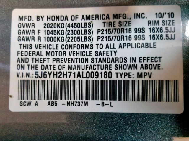 5J6YH2H71AL009180 - 2010 HONDA ELEMENT EX GRAY photo 10