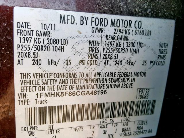 1FMHK8F86CGA48196 - 2012 FORD EXPLORER L BROWN photo 10