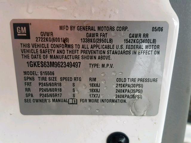 1GKES63M962349497 - 2006 GMC ENVOY DENA WHITE photo 10