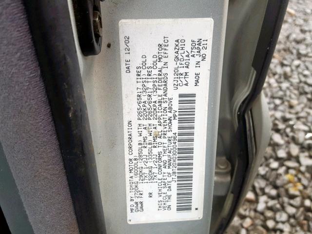 JTJBT20X030004964 - 2003 LEXUS GX 470 GRAY photo 10