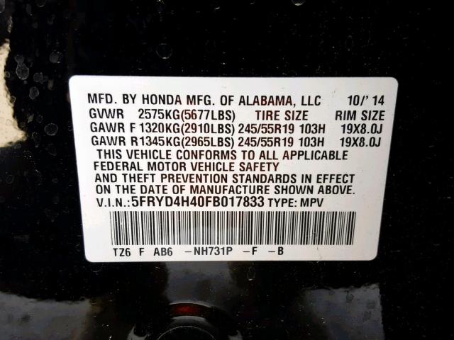 5FRYD4H40FB017833 - 2015 ACURA MDX TECHNO BLACK photo 10