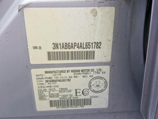 3N1AB6AP4AL651782 - 2010 NISSAN SENTRA 2.0 SILVER photo 10