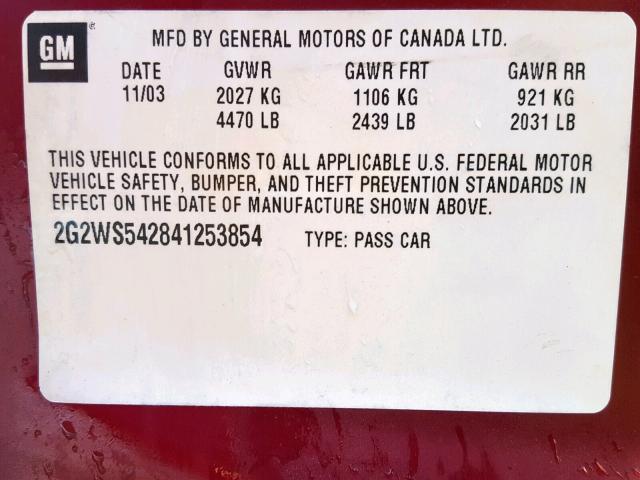 2G2WS542841253854 - 2004 PONTIAC GRAND PRIX MAROON photo 10