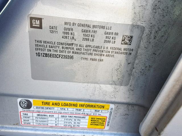 1G1ZB5E03CF239396 - 2012 CHEVROLET MALIBU LS SILVER photo 10