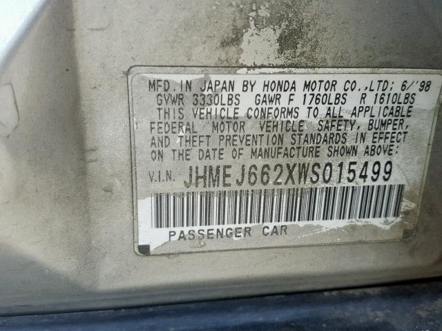 JHMEJ662XWS015499 - 1998 HONDA CIVIC DX GRAY photo 10