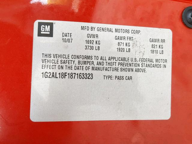 1G2AL18F187163323 - 2008 PONTIAC G5 RED photo 10