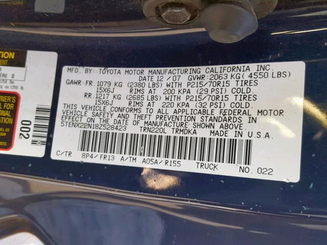 5TENX22N18Z528423 - 2008 TOYOTA TACOMA BLUE photo 10