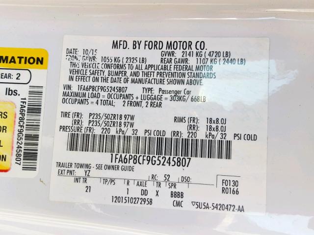 1FA6P8CF9G5245807 - 2016 FORD MUSTANG GT WHITE photo 10