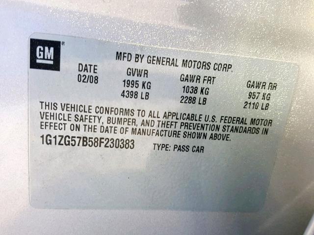 1G1ZG57B58F230383 - 2008 CHEVROLET MALIBU LS SILVER photo 10