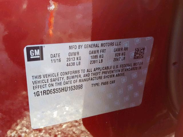 1G1RD6S55HU163098 - 2017 CHEVROLET VOLT PREMI MAROON photo 10