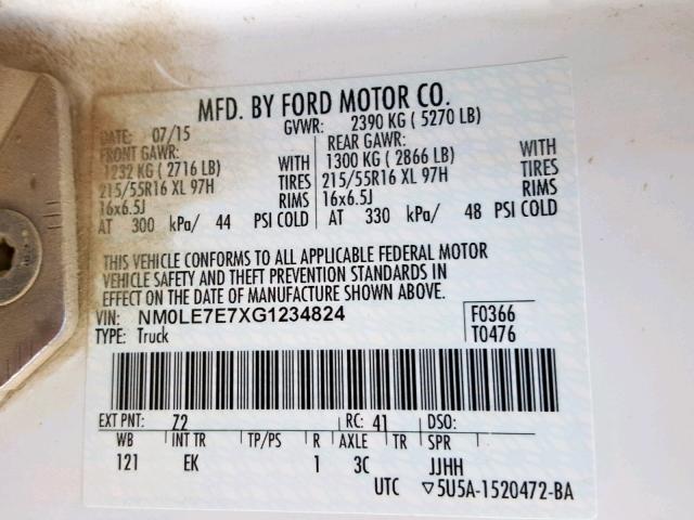 NM0LE7E7XG1234824 - 2016 FORD TRANSIT CO WHITE photo 10