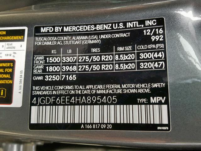 4JGDF6EE4HA895405 - 2017 MERCEDES-BENZ GLS 450 4M BLUE photo 10