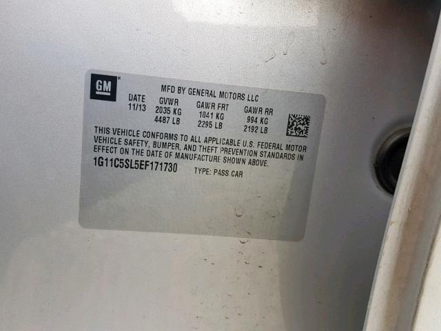 1G11C5SL5EF171730 - 2014 CHEVROLET MALIBU 1LT 银色 照片 10