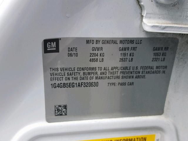 1G4GB5EG1AF320630 - 2010 BUICK LACROSSE C WHITE photo 10