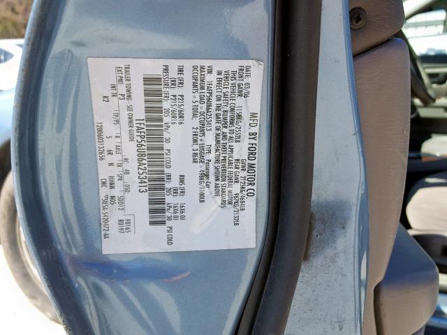 1FAFP56U86A253413 - 2006 FORD TAURUS SEL BLUE photo 10