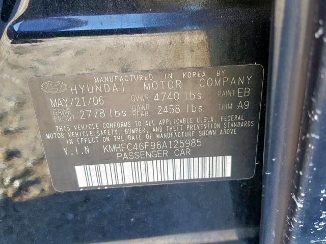 KMHFC46F96A125985 - 2006 HYUNDAI AZERA SE BLACK photo 10